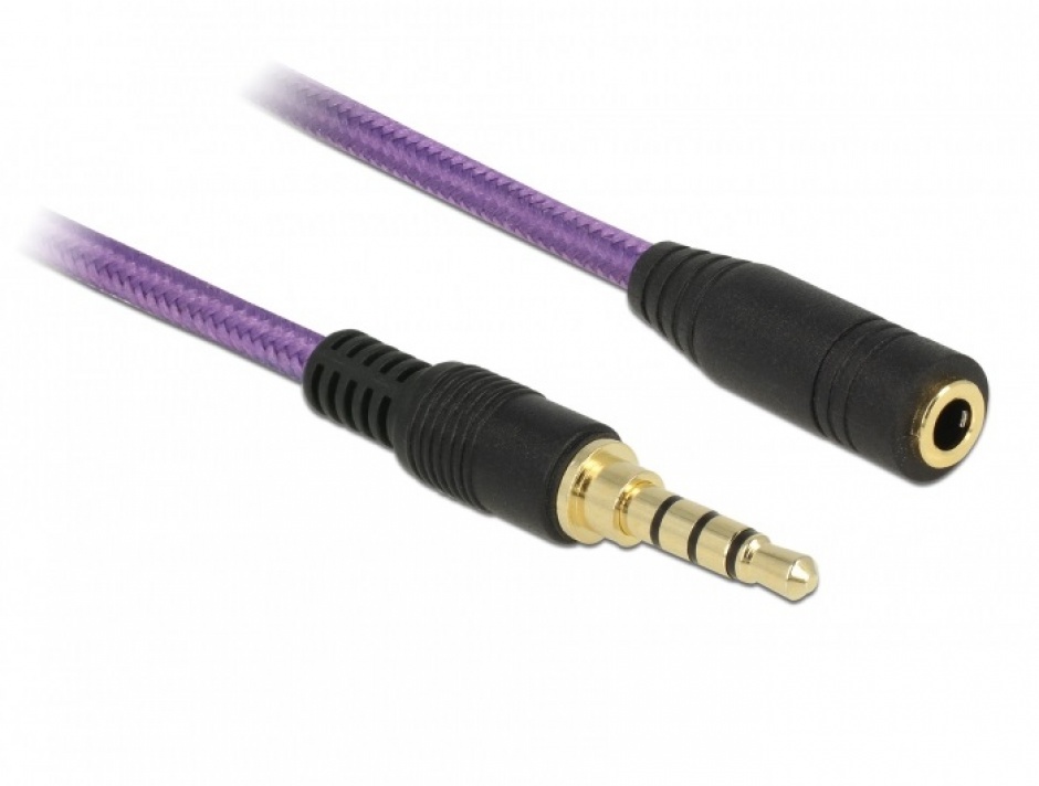 Cablu prelungitor jack stereo 3.5mm (pentru smartphone cu husa) T-M 4 pini 0.5m Mov, Delock 85622 0.5m